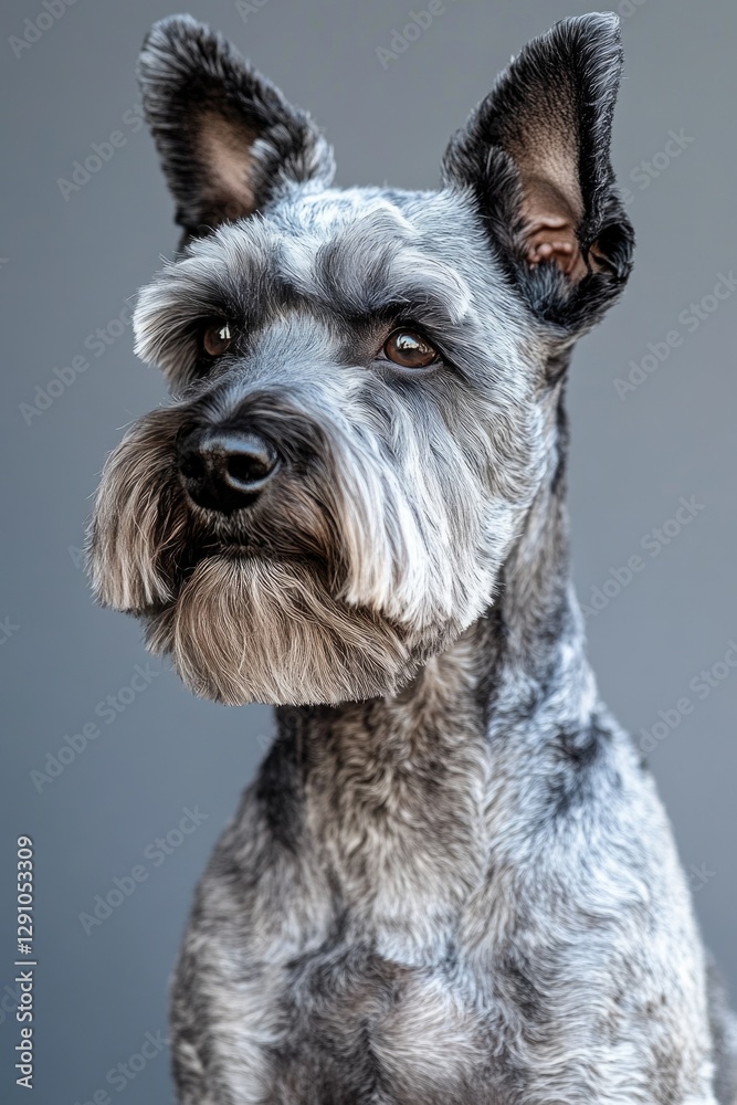 Poster a close-up view of a dog's face on a gray background
