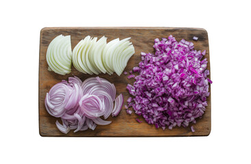 Chopped and ring onions on a wooden board - white and purple onion PNG