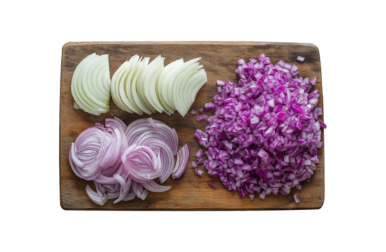 Chopped and ring onions on a wooden board - white and purple onion PNG