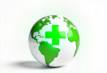 3D globe with green medical cross symbol