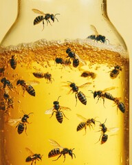 Fototapeta premium Swarm of Bees Captured in a Glass Bottle Filled with Golden Honey, Bubbles Rising, Close-Up View of Insects Surrounding Foamy Nectar