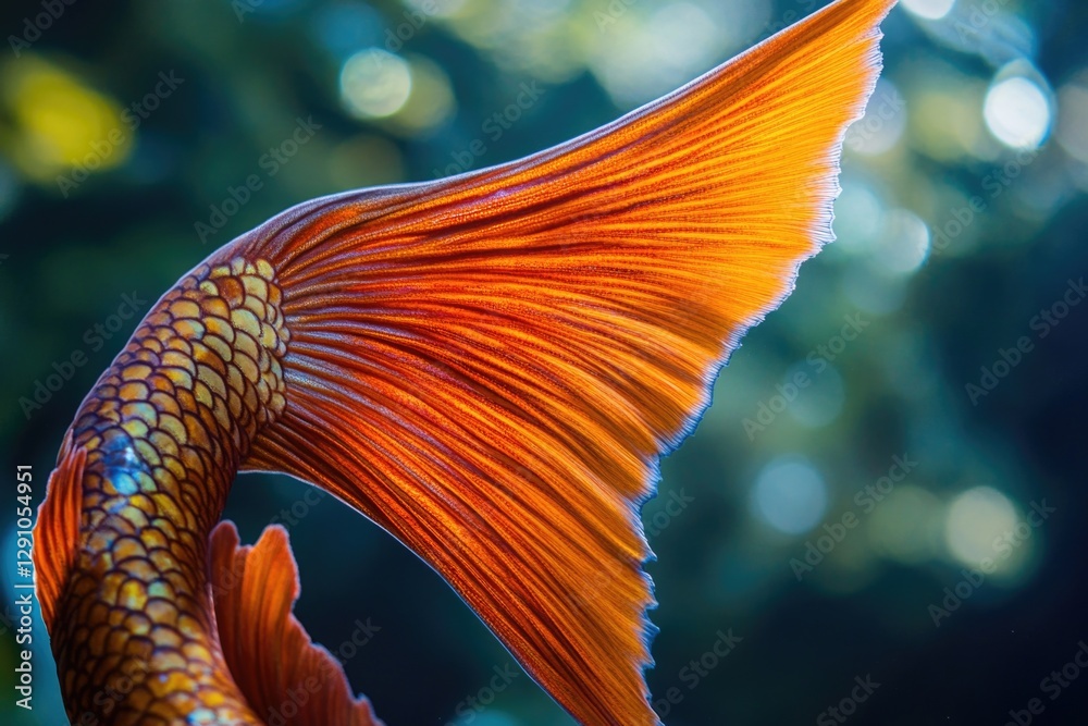 Poster a close-up view of a fish's tail, with the surrounding environment blurred out