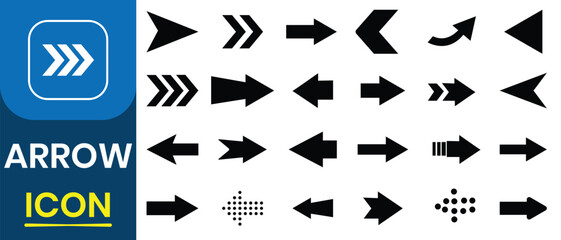 Arrow icon vector set. Set of Arrow icon, vector, silhouette. Contains symbol of various arrow head point shape, play, pause, next button symbol.  Vector illustration. 
