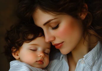 Tender Moment Between Mother and Sleeping Baby Close-Up in Soft Light with Warm Tones Capturing Love and Connection in a Cozy Atmosphere