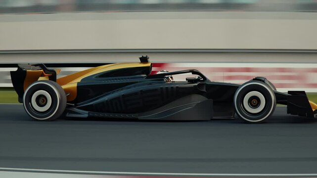 Dynamic parallel tracking shot of a generic formula one race car racing along the homestretch over the finish line. Dynamic side view. 3d animation rendering. New 2025 black and gold race car design