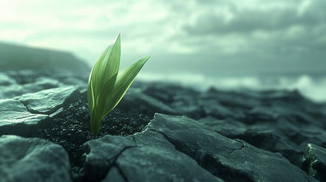 Sprout emerging, rocky terrain, coastal background, hope concept - Powered by Adobe