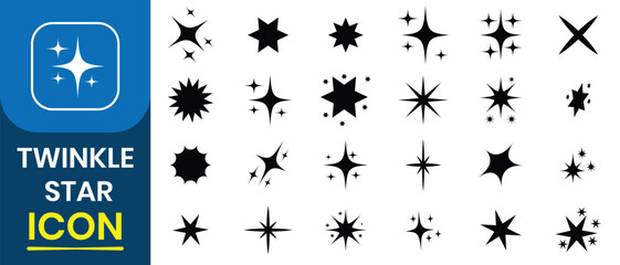 Twinkle Star sparkle icon. Stars twinkle vector icon set. Collection of bright fireworks, shiny flash, sparkles, shining burst, star burst, flash star. Vector illustration.