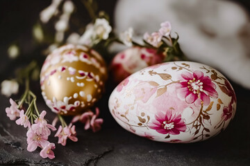 Obraz premium Moody Easter card with eggs and kulich