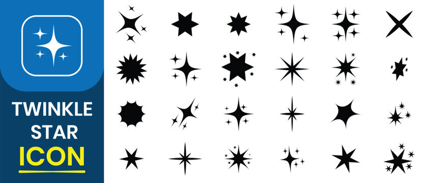 Twinkle Star sparkle icon. Stars twinkle vector icon set. Collection of bright fireworks, shiny flash, sparkles, shining burst, star burst, flash star. Vector illustration.