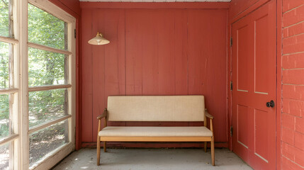 Red wall porch bench, trees view, calm scene, home interior design