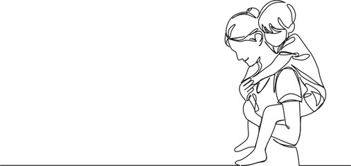 continuous single line drawing of happy mother carrying her young son on her back, line art vector illustration
