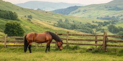 Obraz premium A serene horse grazes peacefully in a lush, green landscape surrounded by rolling hills and a rustic wooden fence.