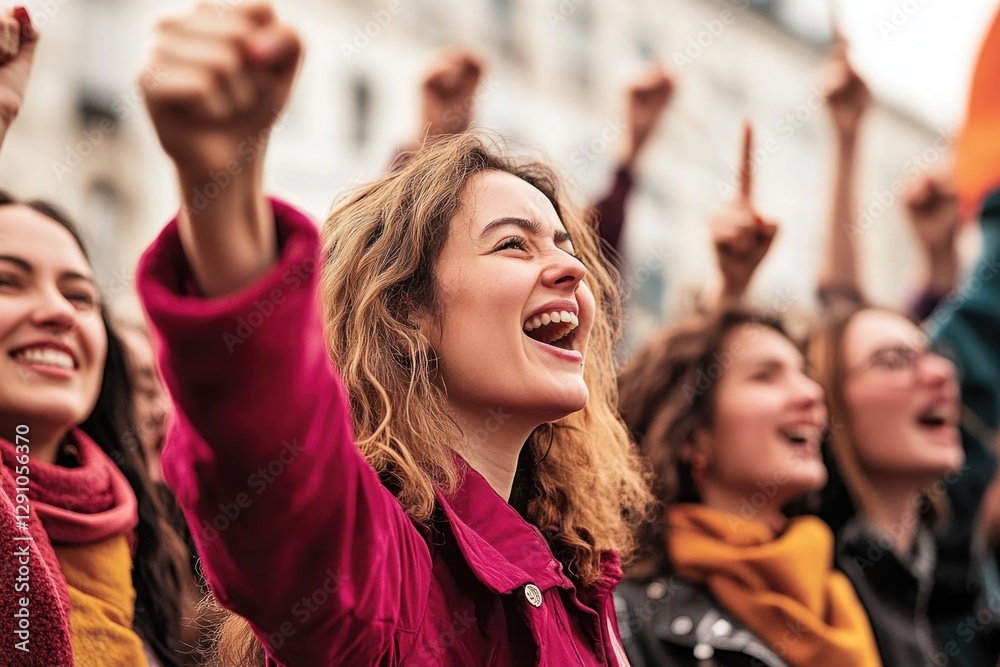 Poster a group of people rejoicing with arms up, capturing a moment of joy and unity