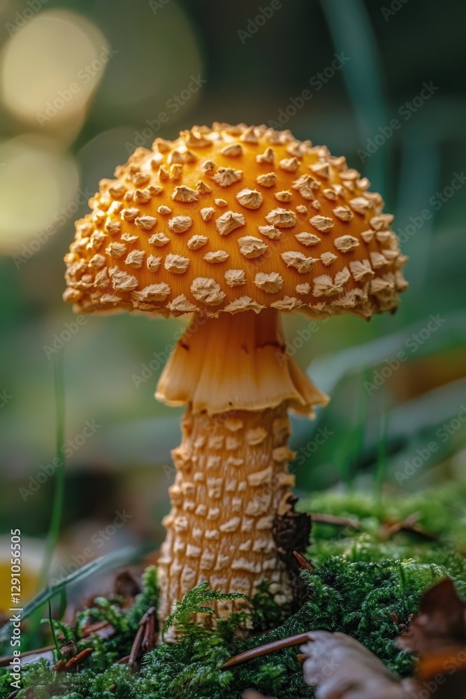 Poster a close-up view of a mushroom growing on a moss-covered surface