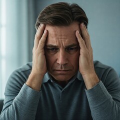 Fototapeta premium Stressed Middle-Aged Man Holding Head in Hands - Concept of Anxiety and Worry