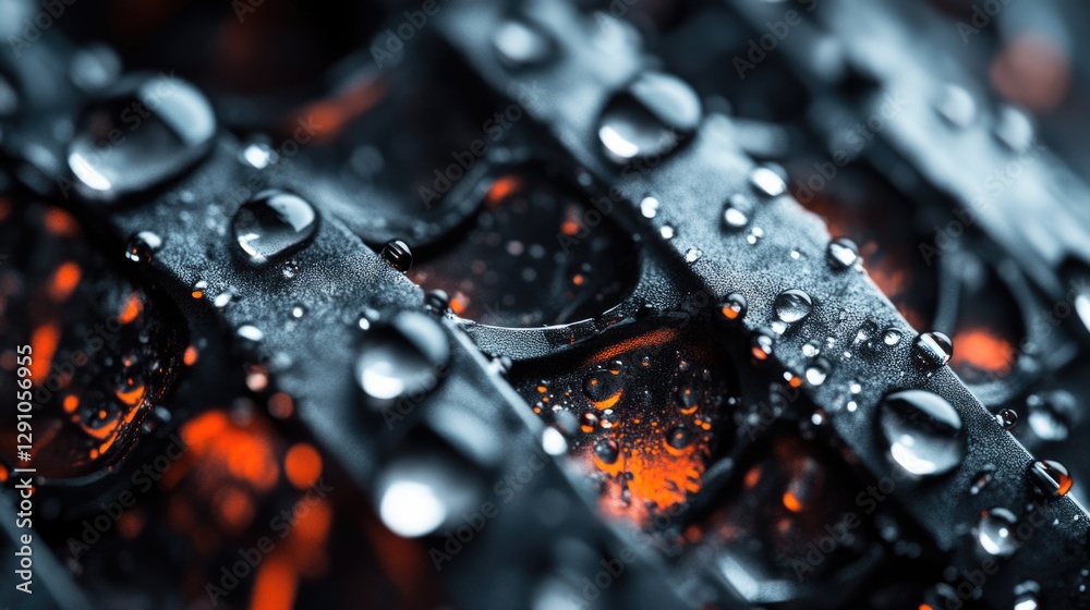 Poster a close-up shot of a metal object with water droplets on its surface