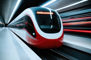 Fototapeta premium Sleek train speeds through modern station, showcasing dynamic mo