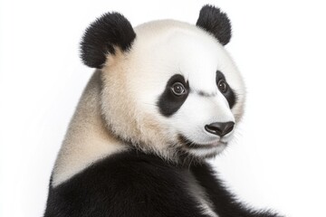 Obraz premium A close-up shot of a panda bear sitting on a white surface, looking straight ahead