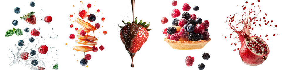 Fresh and Juicy Berries with Splashes and Chocolate Drizzle png set