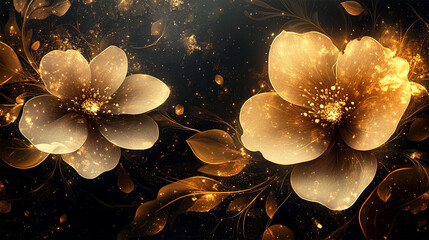 Dark wallpaper with elegant golden details. A bouquet of flowers with a gold background