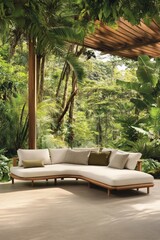 Fototapeta premium Stylish curved sofa set on a patio under a wooden canopy amidst vibrant greenery, creating a serene atmosphere for outdoor relaxation and socializing