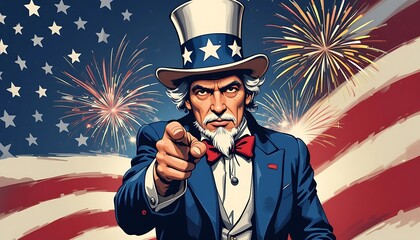 Uncle Sam Pointing Finger with American Flag and Fireworks