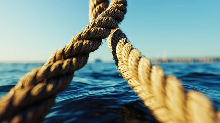 Fototapeta premium Thick nautical ropes crossed over the blue ocean water under a clear sunny sky.