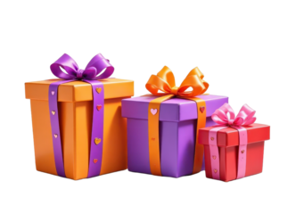 Three Gift Boxes with Ribbon and Heart Accents, Transparent Background
