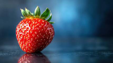 Fresh and Juicy Strawberry with Glossy Skin on a Dark Reflective Surface Against a Blue Background