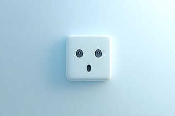 A white electrical outlet with two circular sockets and a surprised expression, set against a light blue background.
