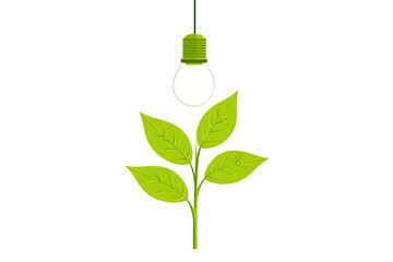A green light bulb hangs above a leafy plant, symbolizing eco-friendly energy and sustainability in a simple, minimalist design.