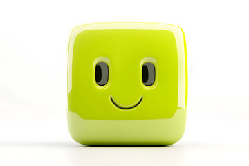 A bright green, glossy square light switch with a smiling face and large black eyes, set against a white background.
