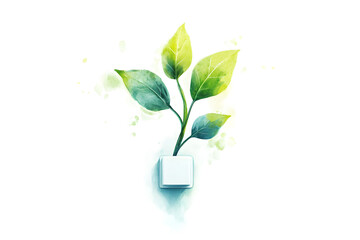 A small plant with vibrant green leaves grows from a white switch, surrounded by soft watercolor splashes on a white background. Green energy concept