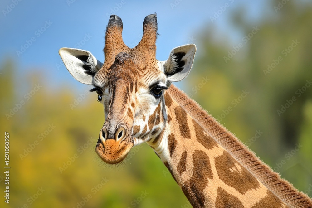 Canvas Prints Close-up view of a giraffe's face with trees in the background, great for wildlife or nature-themed designs