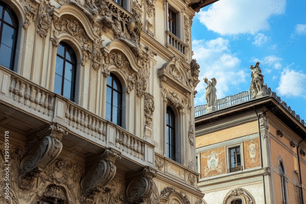 Poster A large building with a clock on its roof, suitable for use in architectural or cityscape images