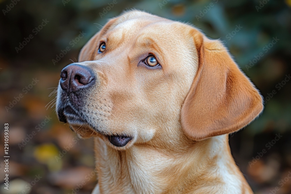 Poster close-up shot of a dog's face with leaves in the background