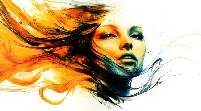 Woman's face is shown with a long, orange hair. The hair is flowing and has a fiery look to it. The woman's face is also shown with a blue and green color scheme