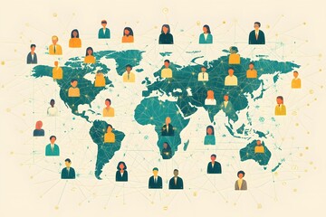 A visually appealing representation of a global business network, featuring interconnected people and icons representing digital connections around the globe,


