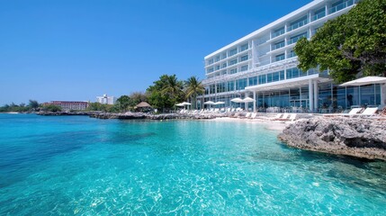 Pristine beach resort, turquoise water, modern hotel, tropical getaway
