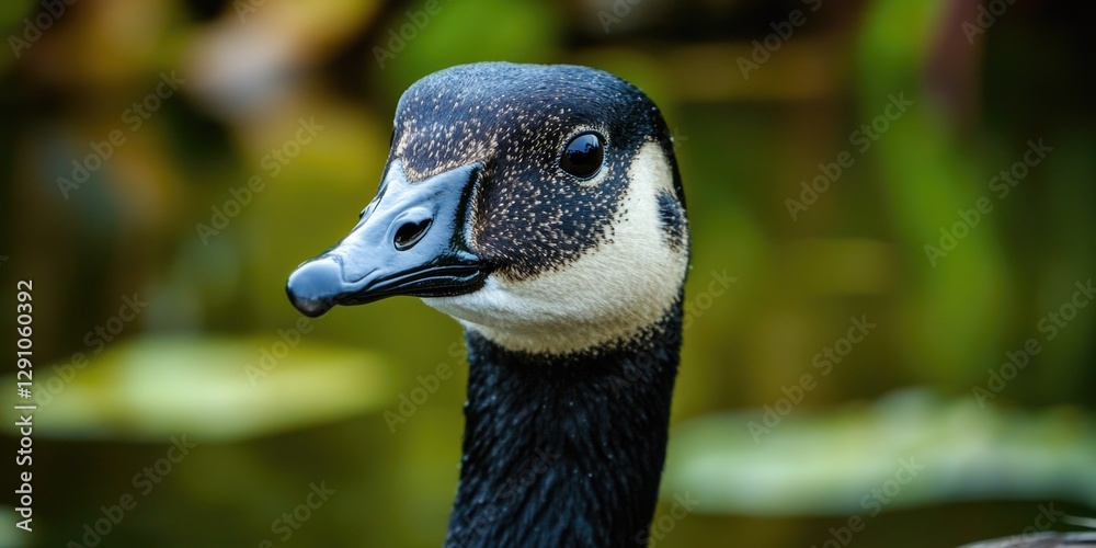 Poster a close-up shot of a duck's head with a blurry background