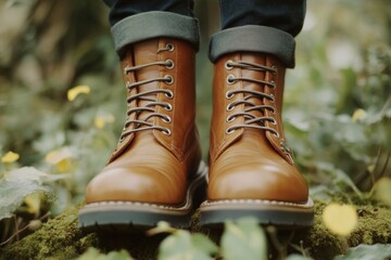 A detailed view of a pair of brown boots, suitable for outdoor and adventure scenes