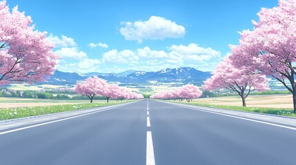 Fototapeta premium Scenic Spring Road with Pink Cherry Blossoms and Mountains
