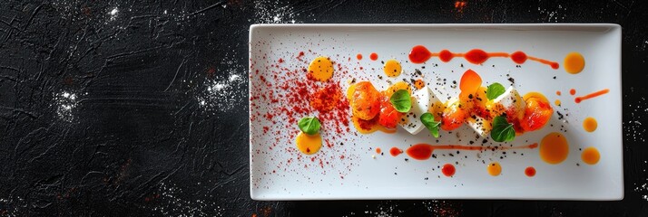 3d background minimalistic mockup with space for text, gourmet plated dish with colorful sauces artistically splattered
