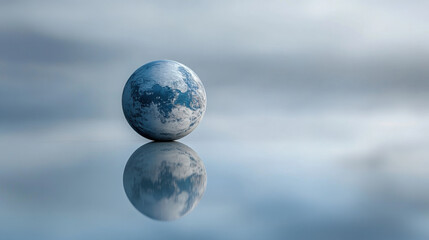 Serene Earth Globe on Tranquil Water Surface Reflecting in Dreamy Blue Atmosphere