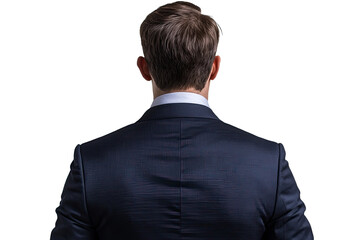 A man in a formal suit standing with his back turned, exuding professionalism and confidence in a corporate setting.