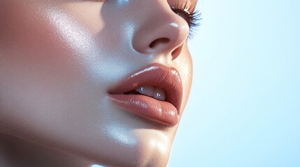 Obraz premium Close-up of a woman's face highlighting glossy lips and smooth skin
