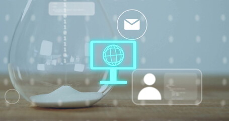 Image of data processing and media icons over hourglass