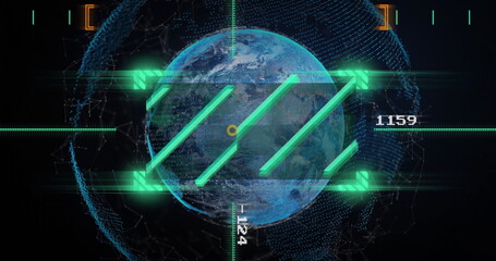 Image of data processing and globe on black background