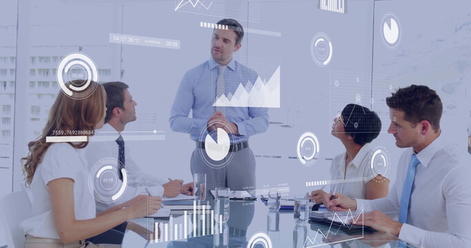 Image of financial data processing over diverse colleagues discussing work in office