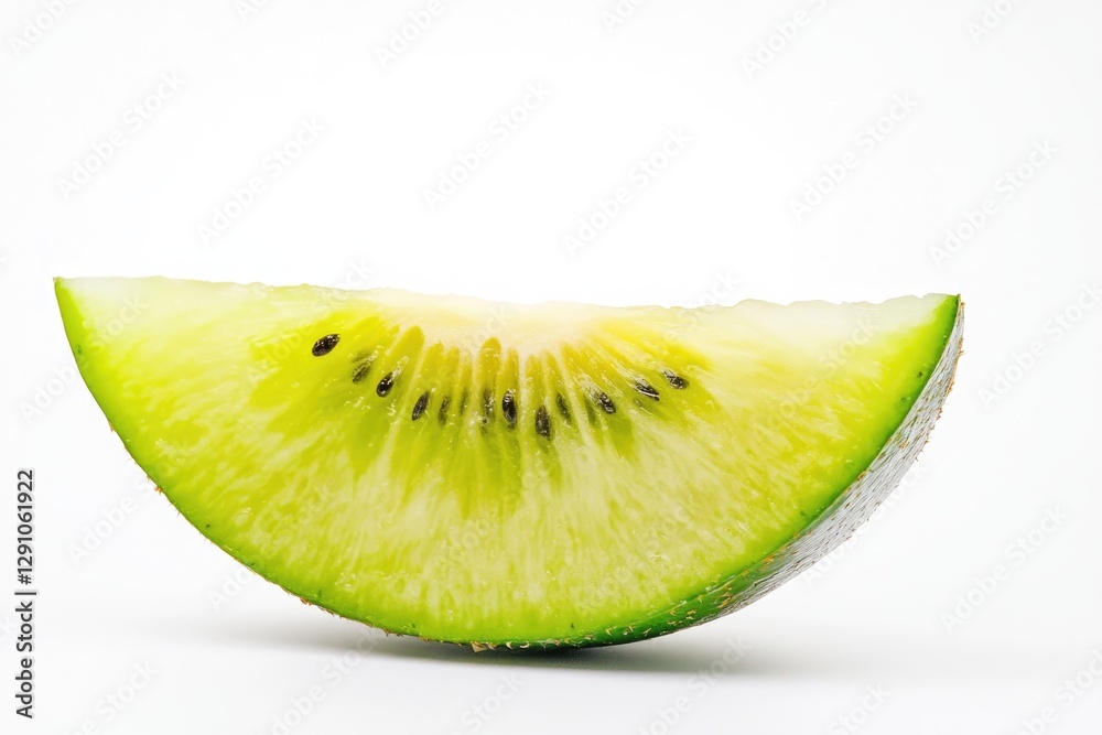 Poster a single slice of kiwi fruit on a white surface, ready for use